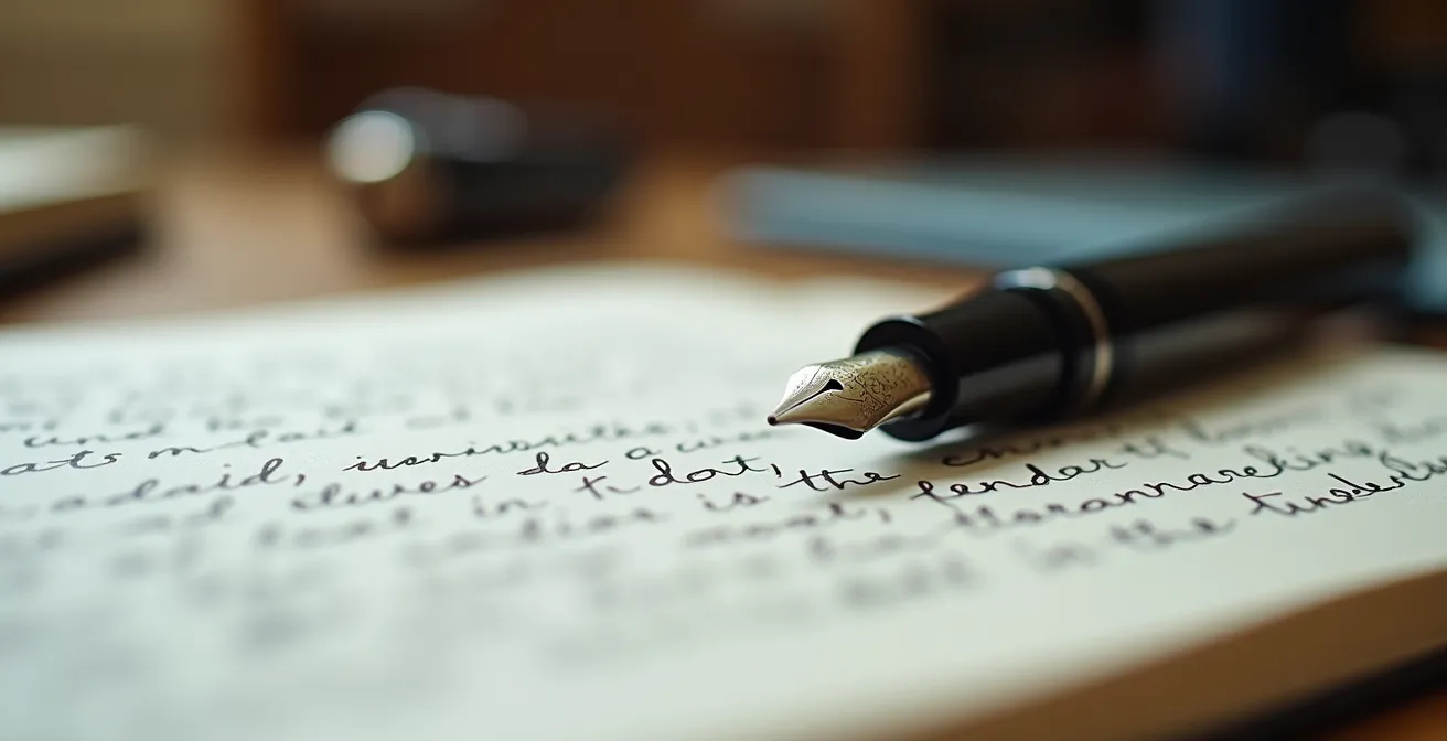 Vue macro de pages manuscrites contemporaines avec stylo plume